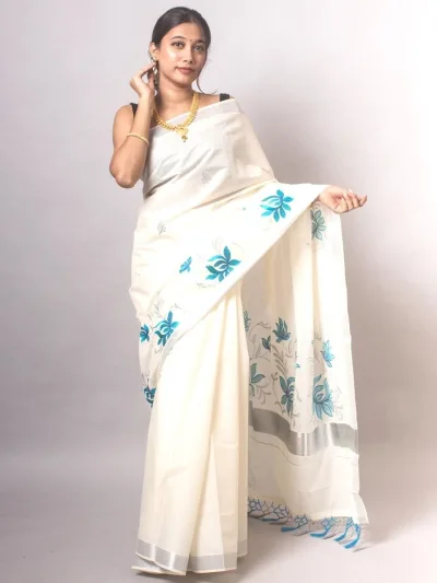 Kerala Silver Cotton Saree with Teal Floral Block Print